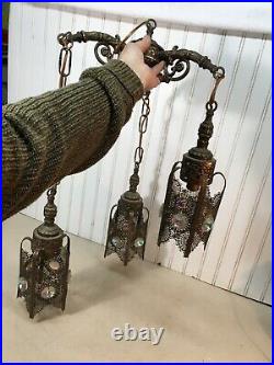 3 Jeweled filigree hanging lamp Pendant Vintage brass Light Fixture Working