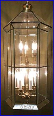 3 Vintage 35 Large Brass Beveled Glass Foyer Chandelier Light Hanging Lamp MCM