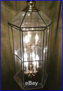 3 Vintage 35 Large Brass Beveled Glass Foyer Chandelier Light Hanging Lamp MCM
