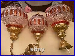 3 Vintage Antique Multicolor Adjustable Hanging Lamp w. Crystal Pendant Glass