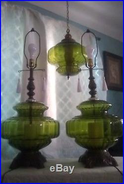 3 Vtg MID CENTURY RETRO 1970 EF EF INDUSTRIES Green Table Lamps And Hanging Swag
