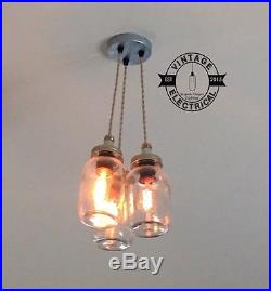 3 X Hanging Kilner Mason Jam Jar Lights Cluster Ceiling Cafe E27 Table Lamps