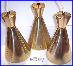 3 vintage mid century brass finish hourglass cone pendant hanging light lamp