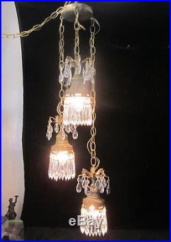 3lt Vintage ROCOCO hanging swag wall plugin lamp chandelier spelter brass plate