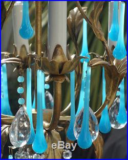 4lt Antique Tole hanging lamp chandelier Italy Vintage beaded Robin Egg opaline