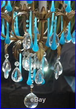 4lt Antique Tole hanging lamp chandelier Italy Vintage beaded Robin Egg opaline