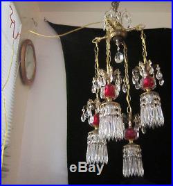 4lte Vintage cranberry ruby Brass hanging swag lamp chandelier Hollywood Regency