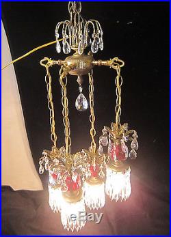 4lte Vintage cranberry ruby Brass hanging swag lamp chandelier Hollywood Regency
