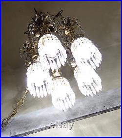 5lt Cherub ceiling fixture Brass hanging crystal lamp chandelier lantern Vintage