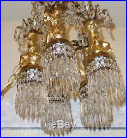 5lt Cherub ceiling fixture Brass hanging crystal lamp chandelier lantern Vintage