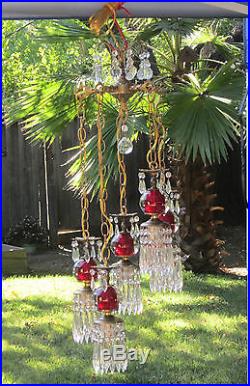 5lte Vintage cranberry ruby Brass hanging swag lamp chandelier Hollywood Regency