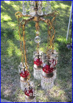 5lte Vintage cranberry ruby Brass hanging swag lamp chandelier Hollywood Regency