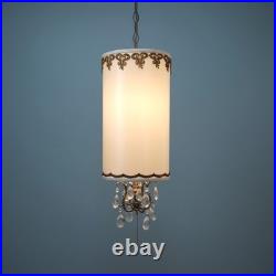 60s Hollywood Regency Hanging Drum Shade Swag Lamp Light Ornate Brass & Crystal