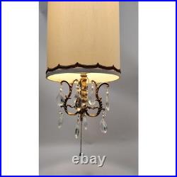 60s Hollywood Regency Hanging Drum Shade Swag Lamp Light Ornate Brass & Crystal