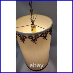 60s Hollywood Regency Hanging Drum Shade Swag Lamp Light Ornate Brass & Crystal