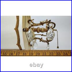 60s Hollywood Regency Hanging Drum Shade Swag Lamp Light Ornate Brass & Crystal