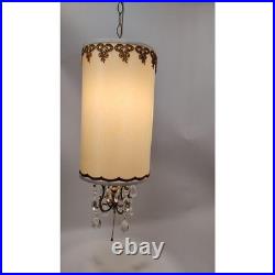 60s Hollywood Regency Hanging Drum Shade Swag Lamp Light Ornate Brass & Crystal