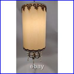 60s Hollywood Regency Hanging Drum Shade Swag Lamp Light Ornate Brass & Crystal
