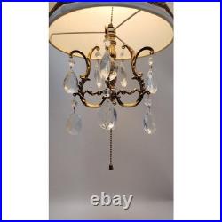 60s Hollywood Regency Hanging Drum Shade Swag Lamp Light Ornate Brass & Crystal