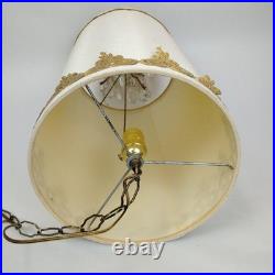 60s Hollywood Regency Hanging Drum Shade Swag Lamp Light Ornate Brass & Crystal