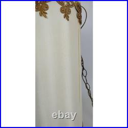 60s Hollywood Regency Hanging Drum Shade Swag Lamp Light Ornate Brass & Crystal