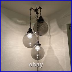 70's Vintage Triple Swag Hanging Light With 3 Smoked Glass Globes Retro Plug In