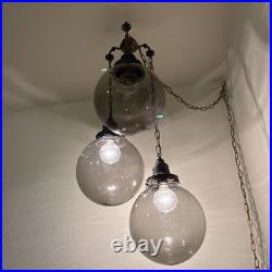 70's Vintage Triple Swag Hanging Light With 3 Smoked Glass Globes Retro Plug In