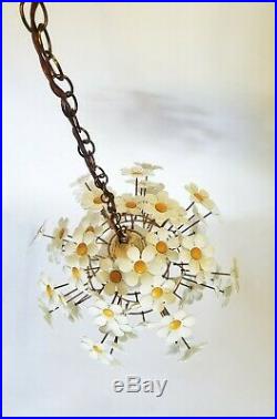 70's Vintage Yellow and White Floral Daisy Cage Chandelier Swag Lamp Light SUNNY