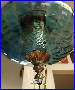 70s VINTAGE BLUE GLASS HANGING SWAG PENDANT LAMP & CHAIN RETRO MID CENTURY LIGHT