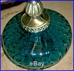 70s VINTAGE BLUE GLASS HANGING SWAG PENDANT LAMP & CHAIN RETRO MID CENTURY LIGHT
