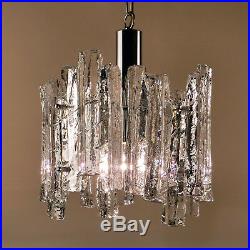 70s Vintage Heavy Ice Glass Chandelier Hanging Pendant Light Lamp Chrome Germany