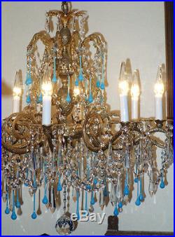 8Lt Vintage bronze brass Pineapple hanging lamp chandelier robin egg opaline old