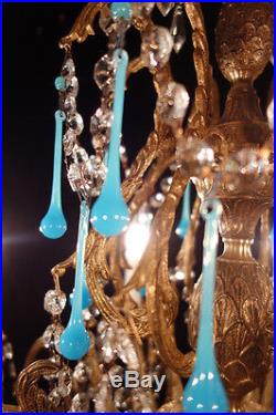 8Lt Vintage bronze brass Pineapple hanging lamp chandelier robin egg opaline old