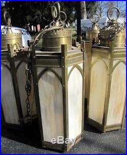 8 Vintage Gold Metal Church Hanging Lamps With 6 Caramel Slag Glass Panels