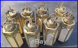 8 Vintage Gold Metal Church Hanging Lamps With 6 Caramel Slag Glass Panels