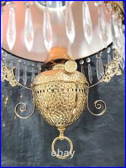 ANTIQUE ANSONIA HANGING OIL LAMP RASPBERRY OVERLAY SHADE WithPRISMS