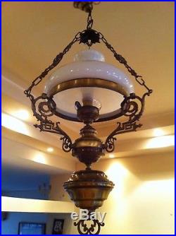 ANTIQUE VINTAGE BRASS CHANDELIER HANGING LAMP LIGHT WITH WHITE OPALINE SHADE. 37h