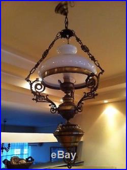 ANTIQUE VINTAGE BRASS CHANDELIER HANGING LAMP LIGHT WITH WHITE OPALINE SHADE. 37h