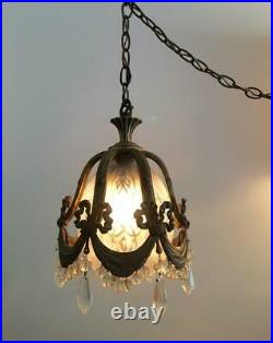ANTIQUE VTG BRONZE FRENCH BOW PETITE TINY CHANDELIER SWAG LAMP w CRYSTAL & GLASS