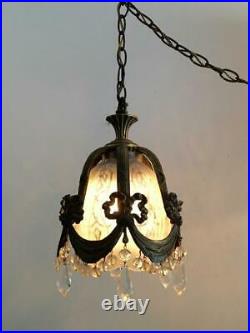 ANTIQUE VTG BRONZE FRENCH BOW PETITE TINY CHANDELIER SWAG LAMP w CRYSTAL & GLASS