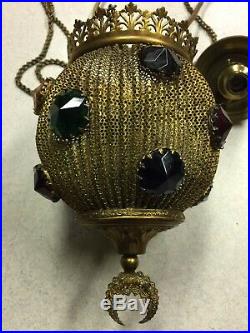 Amazing Vintage Jeweled Brass Ormolu Filigree Hanging Fairy Lamp RARE Hubbell