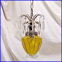 Amber Crackle Glass Hanging Swag Lamp Acorn Shaped Light with Waterfall Crystals