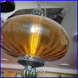 Amber Glass Globe Swag Hanging Lamp Pull Chain, Corded Electric, 3-Lights
