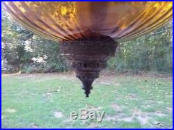 Amber Hanging Globe Glass Lamp Light Swag Ornate Metal Diffuser Mid Century Vtg