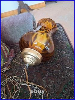 Amber Mid-Century Modern Swag Hanging Lamp Light Fixture Diamond Pattern