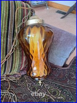 Amber Mid-Century Modern Swag Hanging Lamp Light Fixture Diamond Pattern