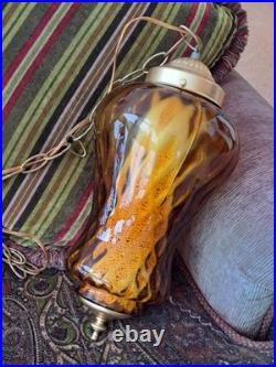 Amber Mid-Century Modern Swag Hanging Lamp Light Fixture Diamond Pattern