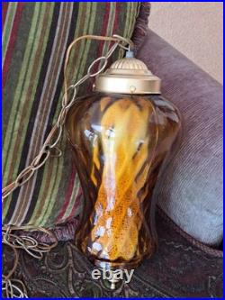 Amber Mid-Century Modern Swag Hanging Lamp Light Fixture Diamond Pattern