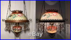 Antique 1880s Library Hanging Parlor Lamp Vtg Library Oil Light Fixture Floral