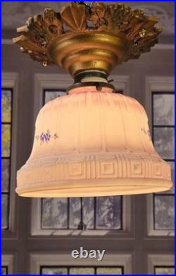 Antique 1920'S Victorian Flush Mount Painted Bell Ceiling Light Fixture Pendant